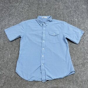 Criquet Shirt Mens Large Blue Check Organic Cotton Short Sleeve Button Down Golf